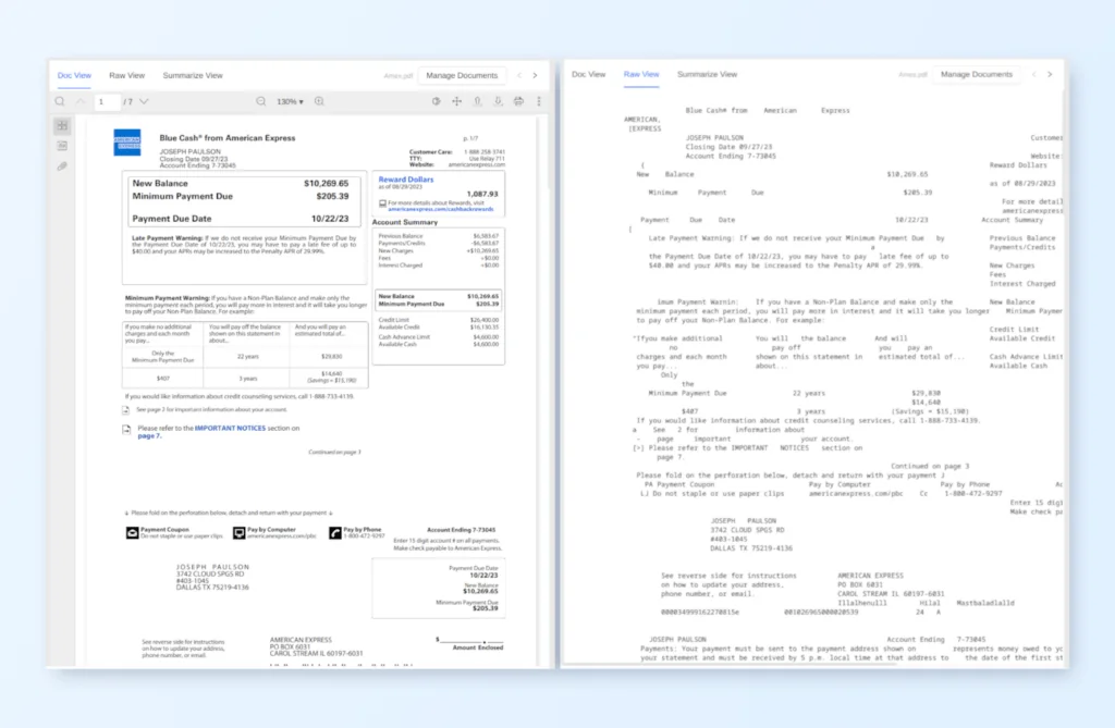 extracting structured data from documents in raw text view