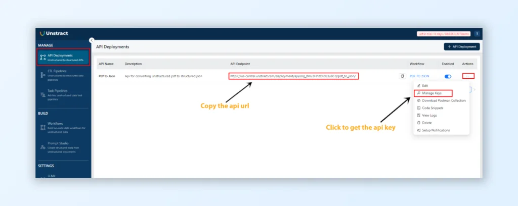 Convert PDF to JSON —  create API keys