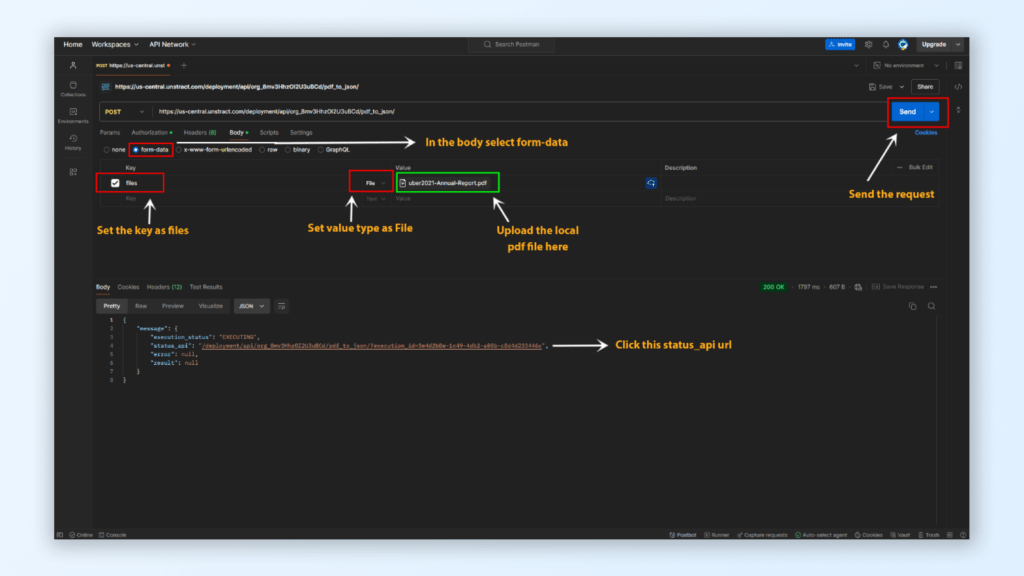 Convert PDF to JSON — Access Unstract API via Postman API interface