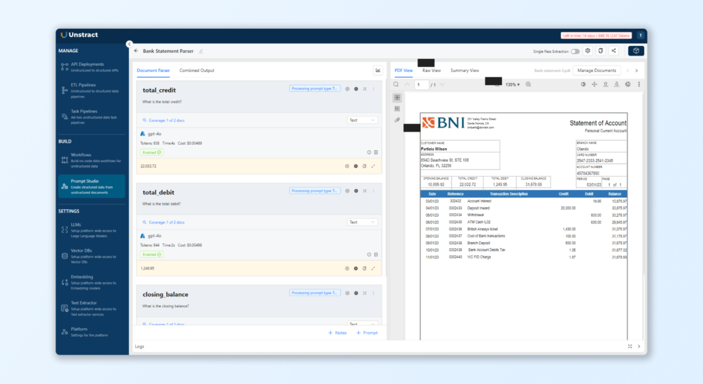 AI Bank Statement Processing run prompts to extract data from PDFs