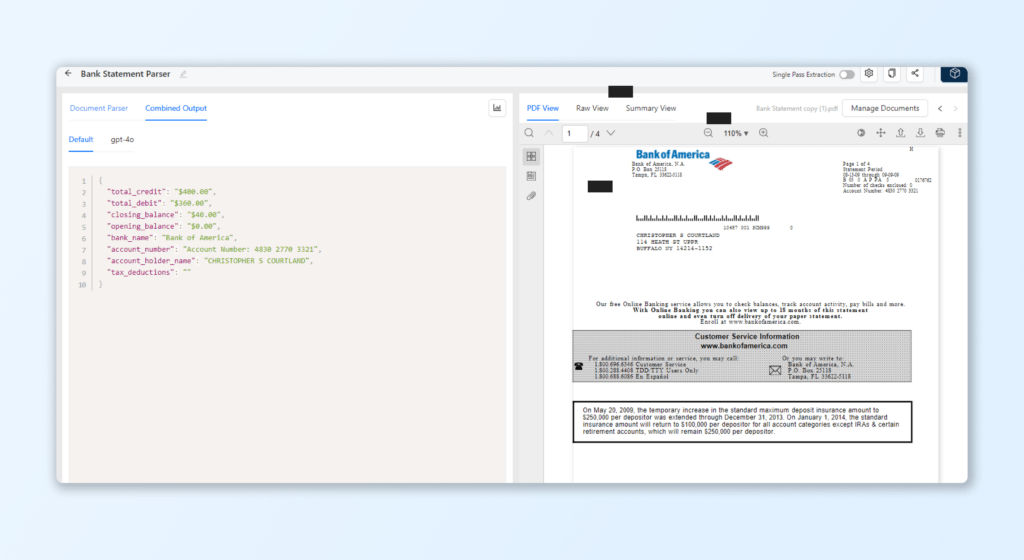 AI Bank Statement Processing extract data as JSON