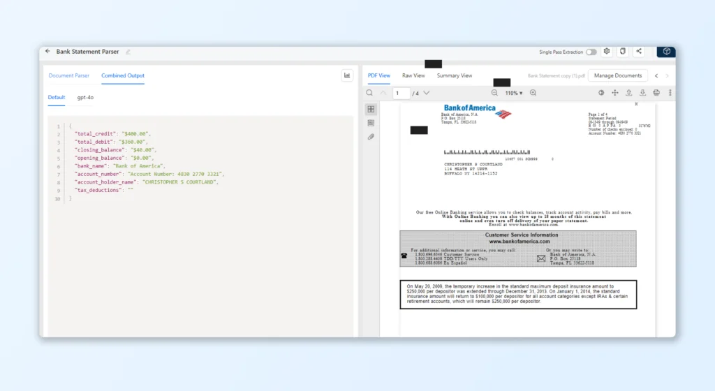 AI Bank Statement Processing extract data as JSON