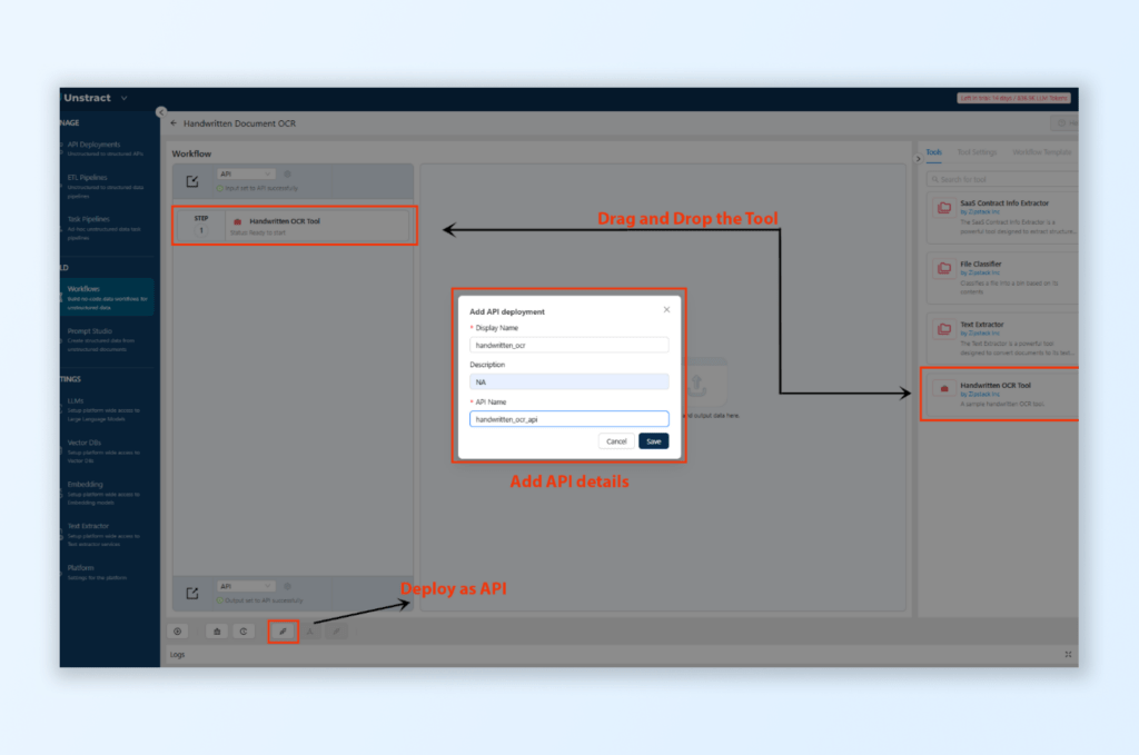 Setup workflow, save and Deploy as API