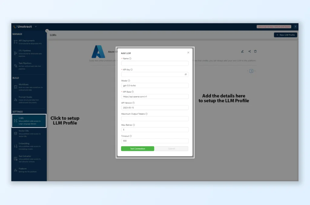 Enter the OpenAI API key, allowing Unstract to connect with the LLM for structured extraction.