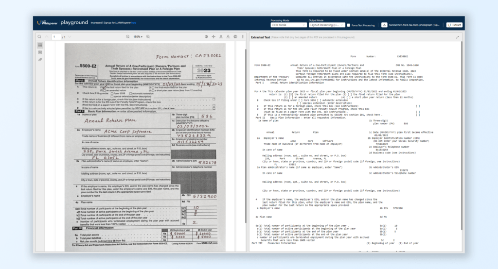 LLMWhisperer then processes this data, preserving the document’s structure and ensuring clarity.