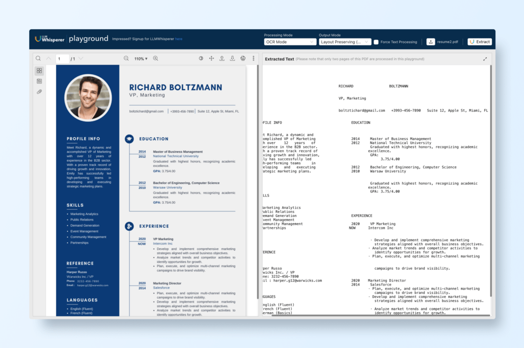 Resume OCR scanning with LLMWhisperer