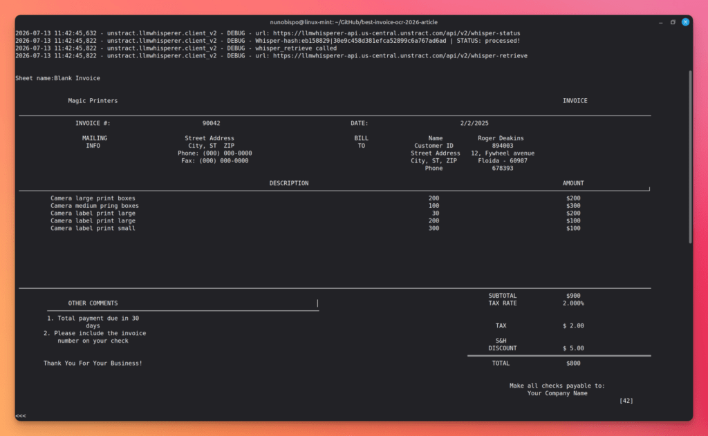 ASCII-style invoice shown in a dark terminal window, titled 'Blank Invoice' with line items and totals from Magic Printers