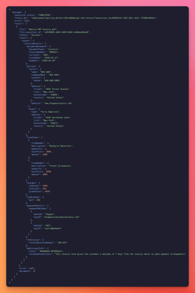 JSON invoice data showing seller and buyer details, line items, totals, and payment methods in a code-style snippet.