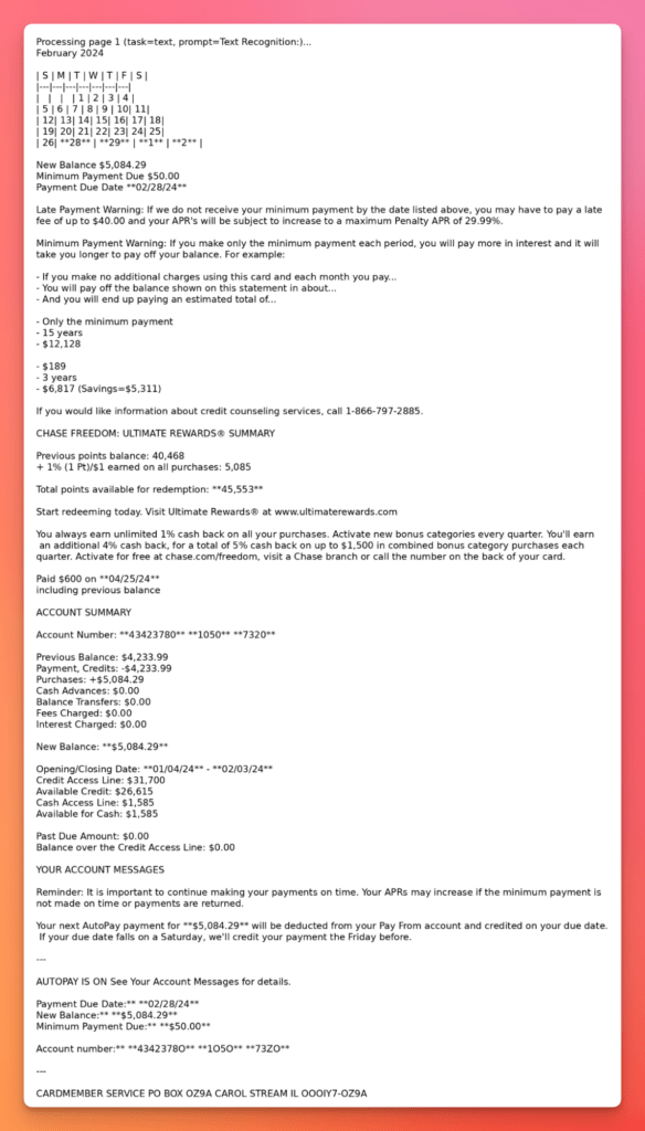 Credit card statement screenshot detailing balance, due date, minimum payment, and account summary for Chase Freedom Ultimate Rewards.