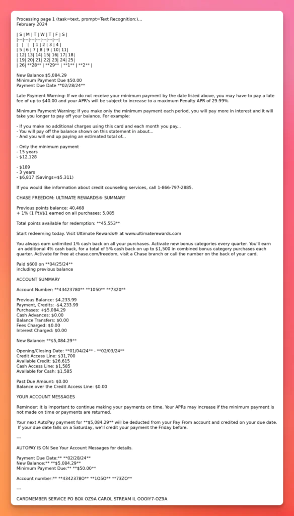 Credit card statement screenshot detailing balance, due date, minimum payment, and account summary for Chase Freedom Ultimate Rewards.