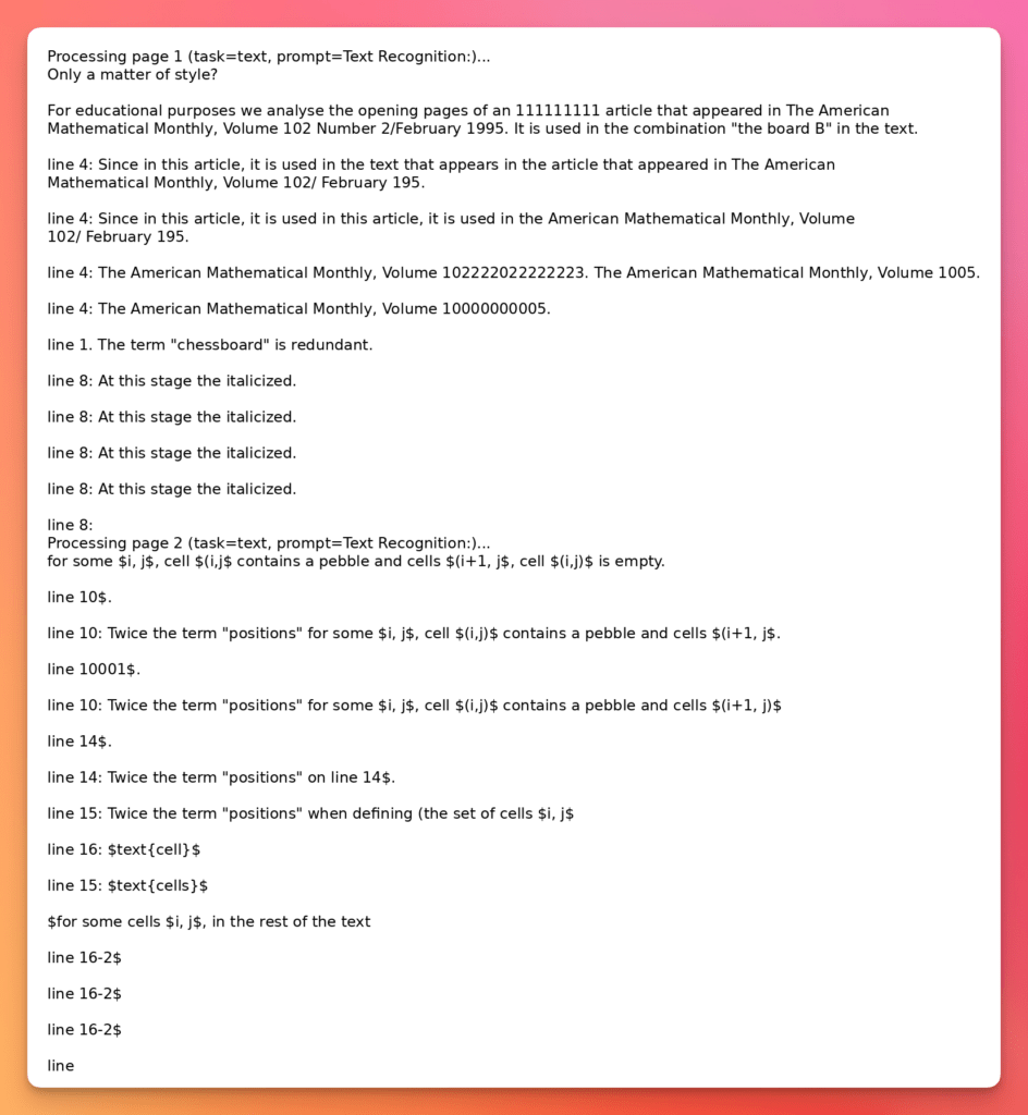 Screenshot of a text-heavy document with many 'line X' references and code-like lines about a chessboard and positions.
