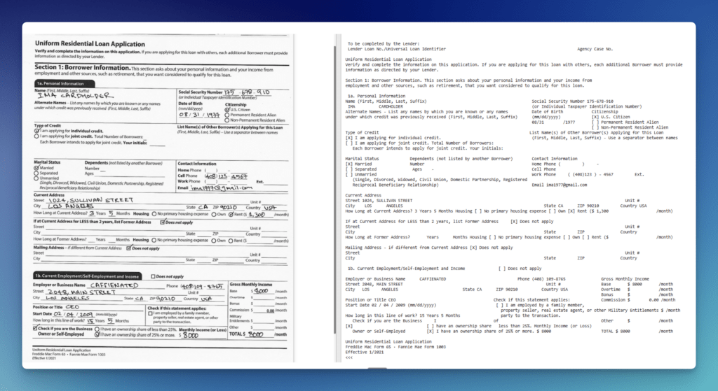 Side-by-side loan application forms: handwritten and typed, showing personal info, address, income, and employment fields for a Uniform Residential Loan Application.