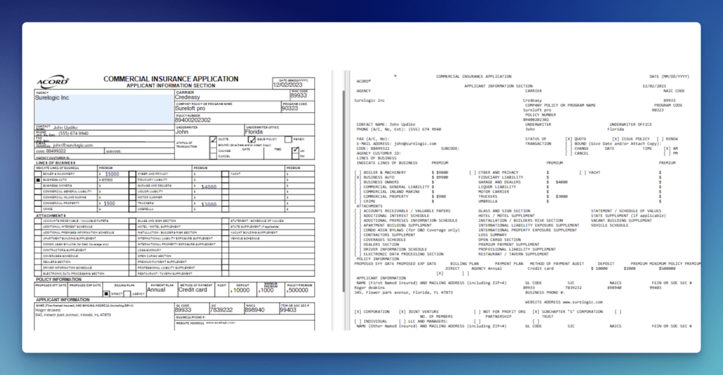 Two-page scanned insurance application forms side by side, showing applicant and carrier details in a tabular layout on white pages.
