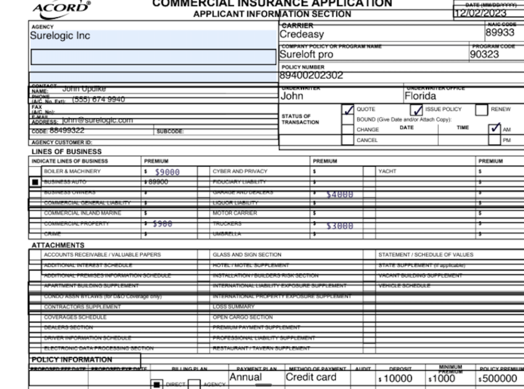 ACORD Commercial Insurance Application form filled with agency Surelogic Inc, carrier Credeasy, policy number 89400020302 and lines of business table in sections.