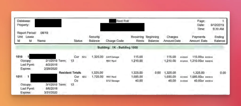 Rent roll document for Building 1K/Building 1000 showing unit IDs, occupant names (redacted), lease status, charges and balances.
