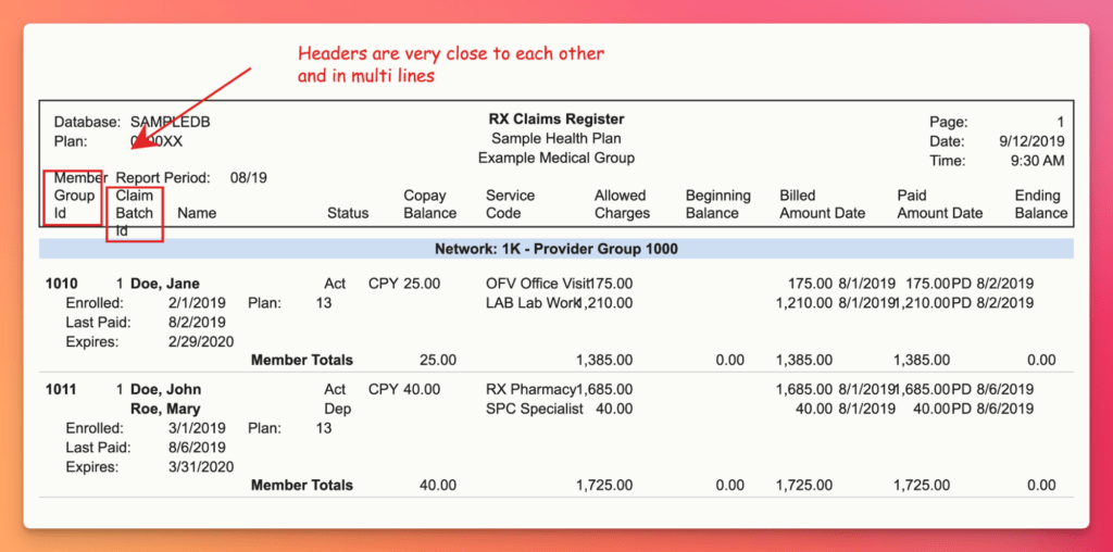 RX Claims Register form showing member entries, balances, service codes, and dates (sample health plan claim sheet).