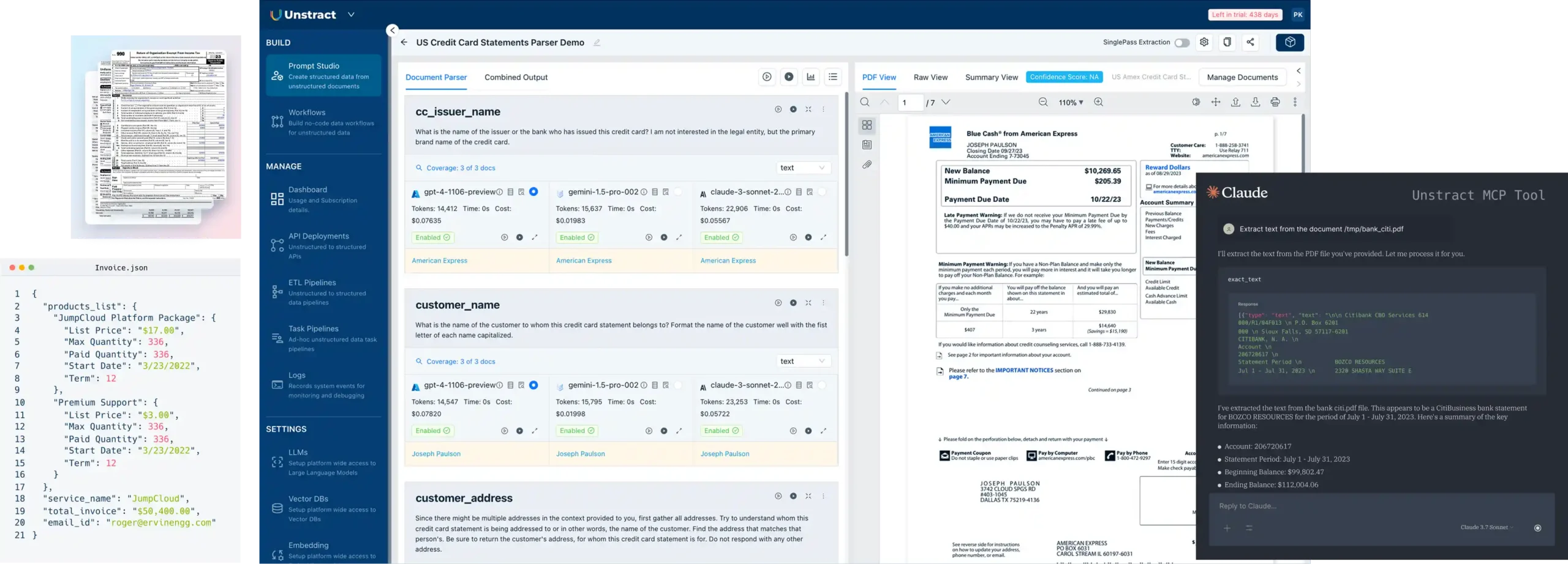 Collage of UI screens from Unstruct tool showing document parser, dashboards, and sample documents including an invoice example.