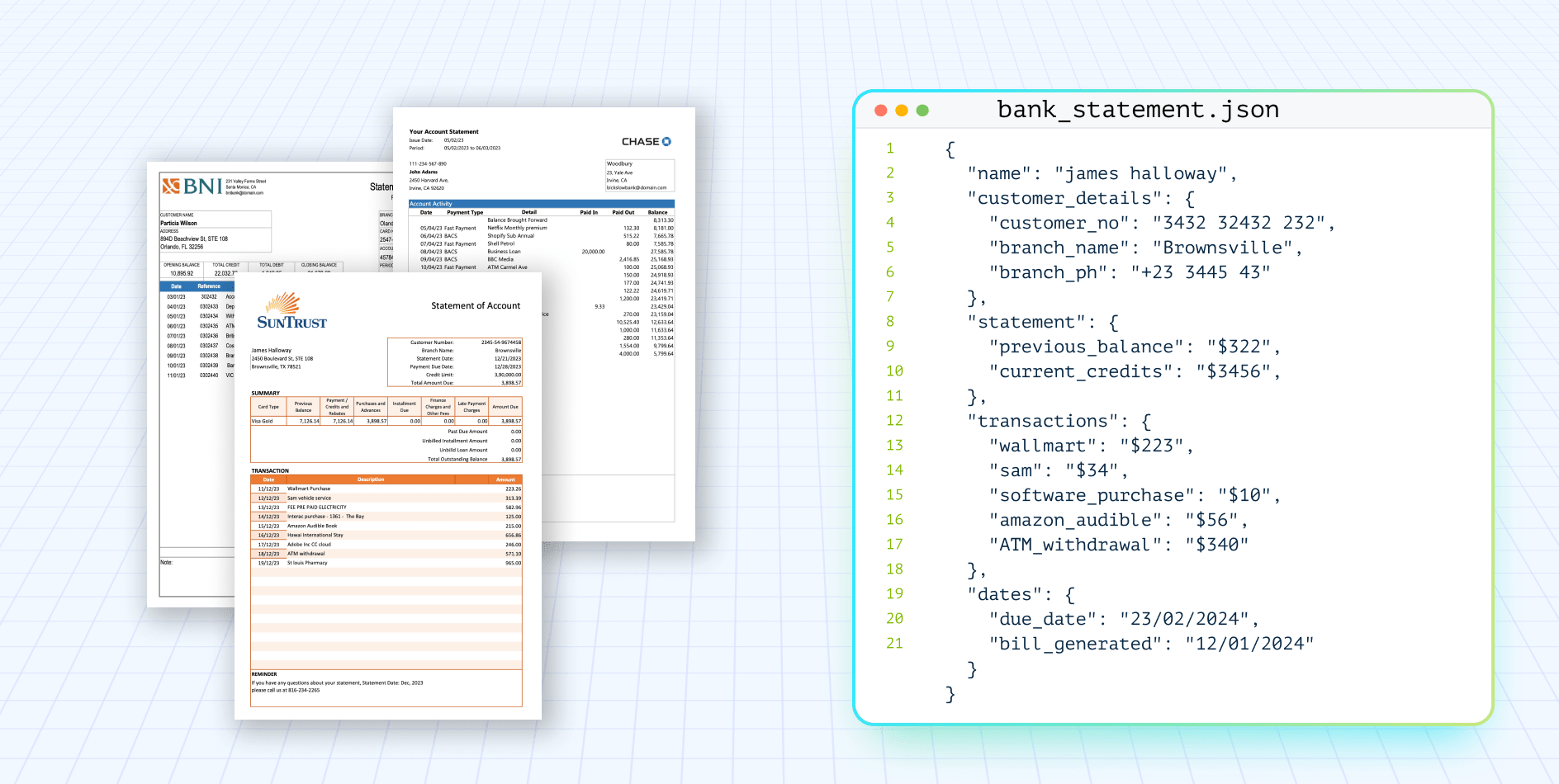 Overlapping bank statements (Chase and SunTrust) beside a JSON file named bank_statement.json on a grid background, left side image mix included in view.
