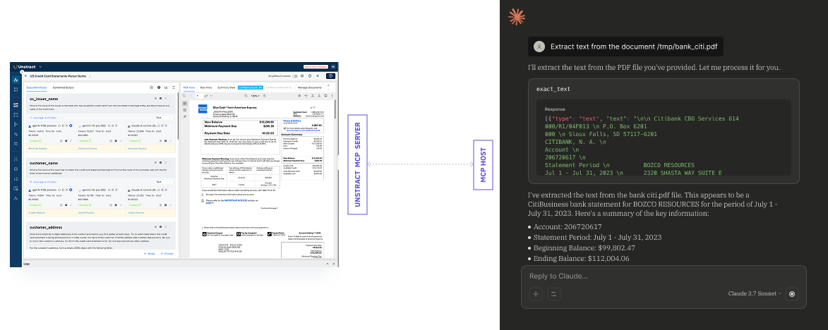 Dashboard on left with client data and a scanned bank statement on the right, linked by a dotted arrow showing document extraction flow.