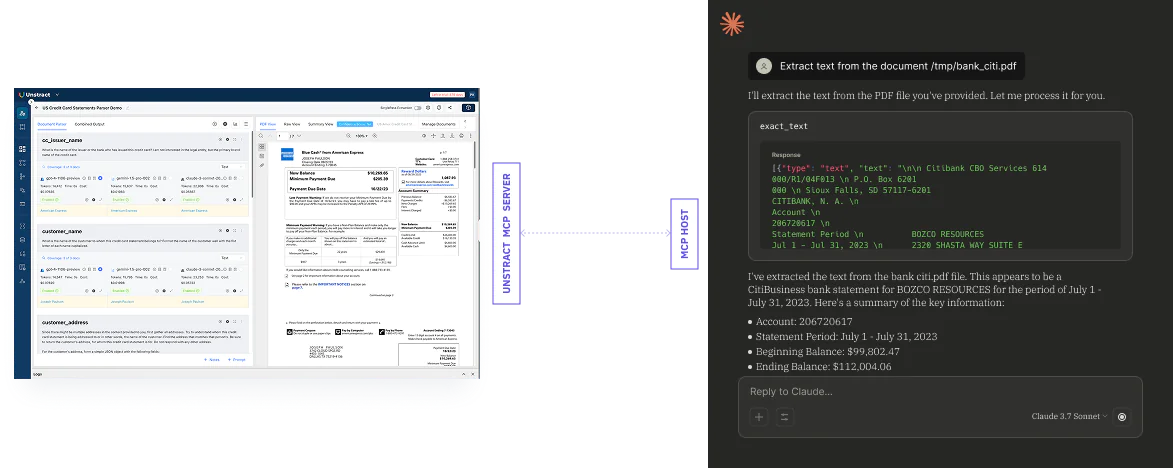 Dashboard on left with client data and a scanned bank statement on the right, linked by a dotted arrow showing document extraction flow.