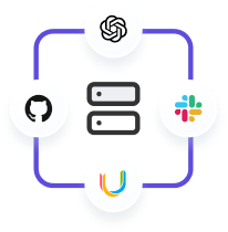 Cloud integration diagram with a central two-server icon inside a rounded-square frame, surrounded by provider logos (GitHub, Slack, and Google-style logos) for cloud services.