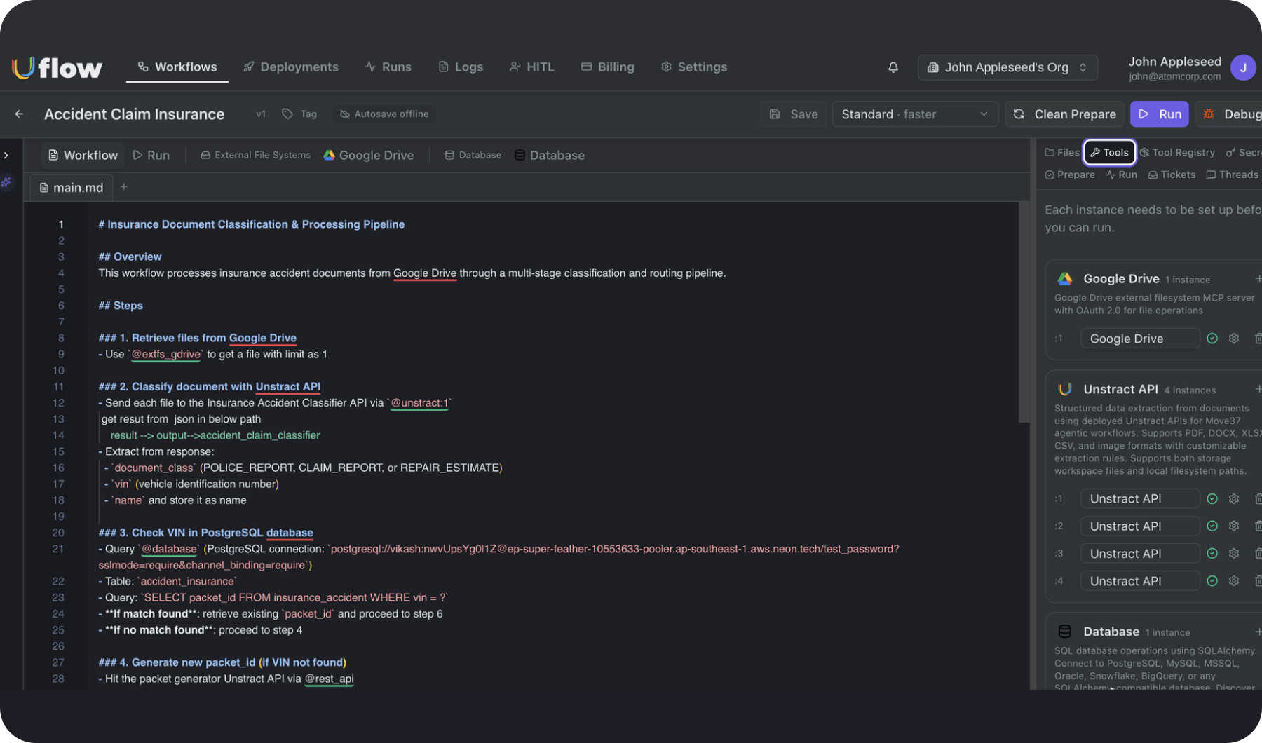Dark-screen Flow workflow editor showing 'Insurance Document Classification & Processing Pipeline' with Google Drive and Unustract API steps in a code panel